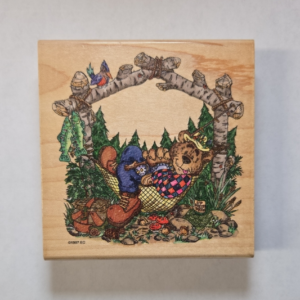 Woodland Bear Hammock Rubber Stamp — Multicolor Home Design Accent
